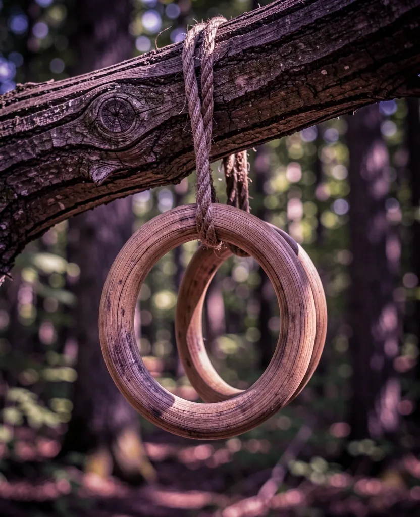 Anneaux de gymnastique en bois suspendus à une branche