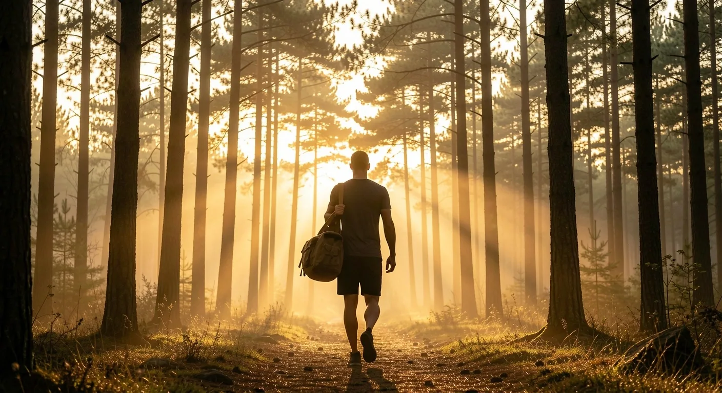Coureur sur un chemin forestier au lever du jour