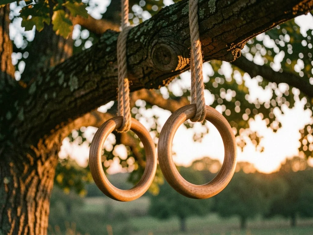 Anneaux de gymnastique en bois suspendus à un chêne