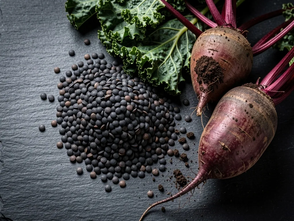 Aliments bruts et non transformés disposés sur ardoise sombre