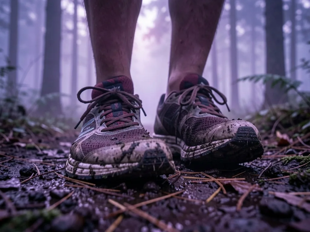 Chaussures de course usées sur un sentier forestier au lever du jour