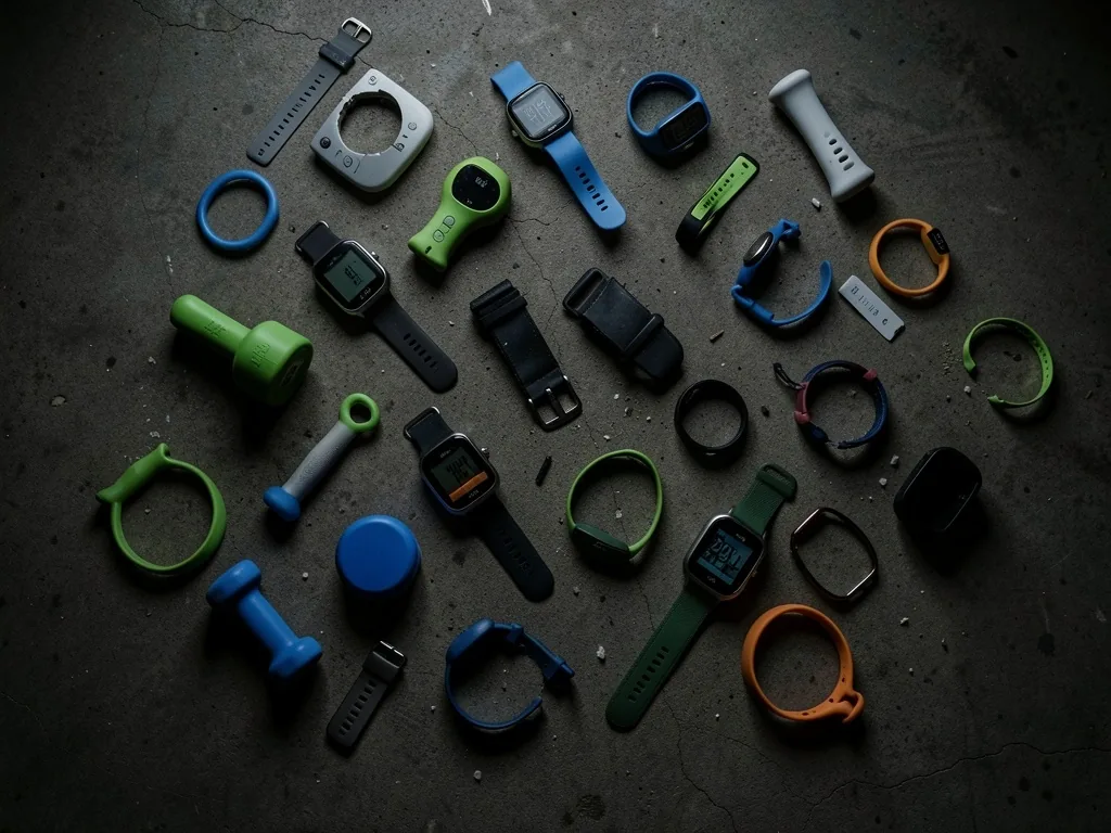 Gadgets de fitness abandonnés sur un sol en béton