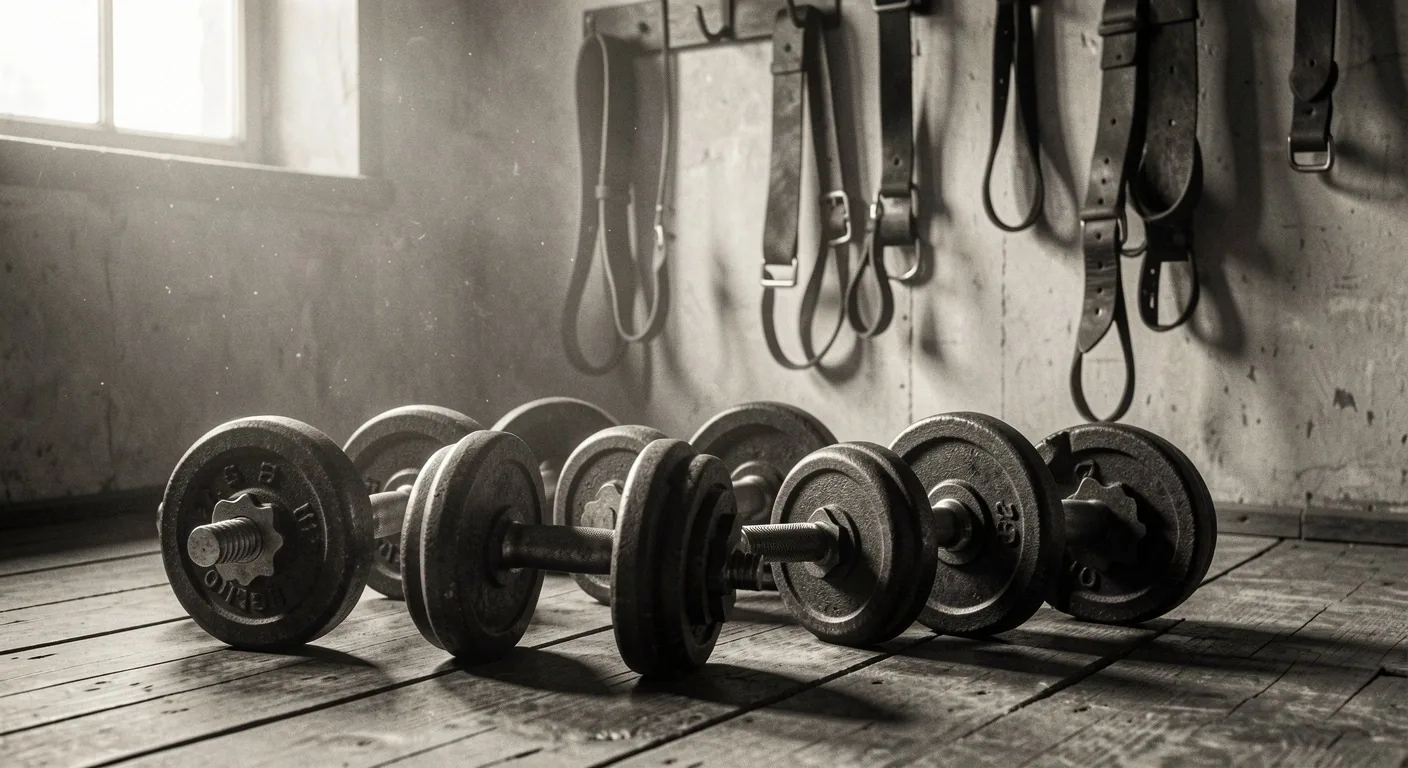 Gymnase ancien avec haltères de fer et ceintures de cuir