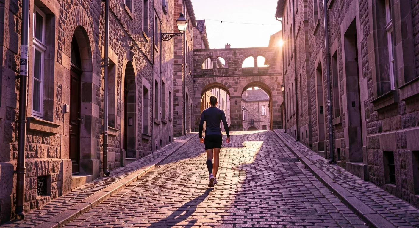 Rue pavée de centre-ville historique français au coucher du soleil