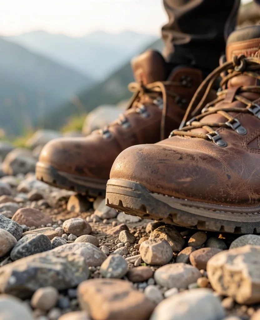 Bottes de marche usées sur sentier gravillonné