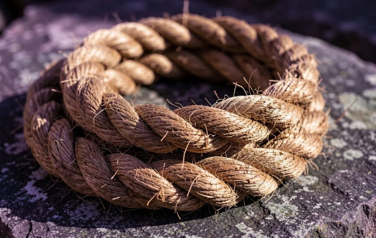 Corde naturelle torsadée sur sol pierreux